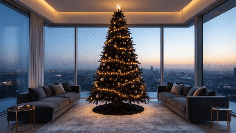 Black Christmas Trees: The Ultimate Bold & Unconventional Holiday Decor Statement A photorealistic wide-angle shot of a 9-foot matte black Christmas tree adorned with warm LED lights and metallic ornaments in a contemporary living room featuring a velvet sectional sofa and city views at blue hour.