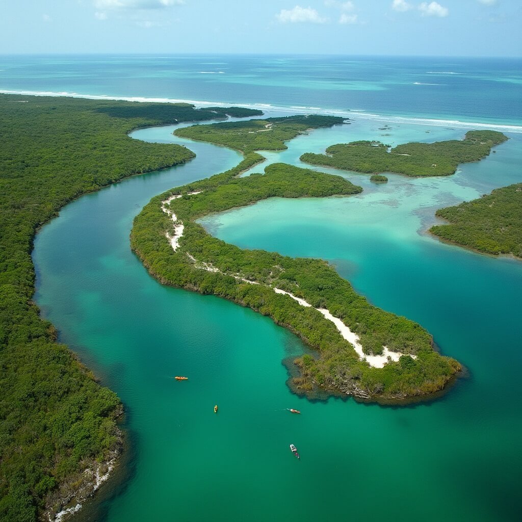 Clearwater Beach September: Your Ultimate Off-Peak Paradise Guide Aerial view of Caladesi Island State Park with mangrove-lined waterways, green vegetation, secluded beaches, kayakers on calm waters, and the Gulf of Mexico in the distance.