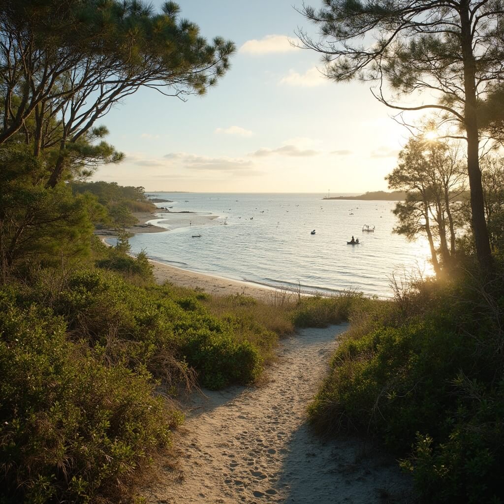 Escape the Winter Chill: Your Ultimate Clearwater Beach February Guide (Weather, Activities & Hidden Gems!) Winding trail through lush vegetation at Caladesi Island State Park leading to a pristine beach, with a lone kayaker in calm waters under the warm afternoon sun.