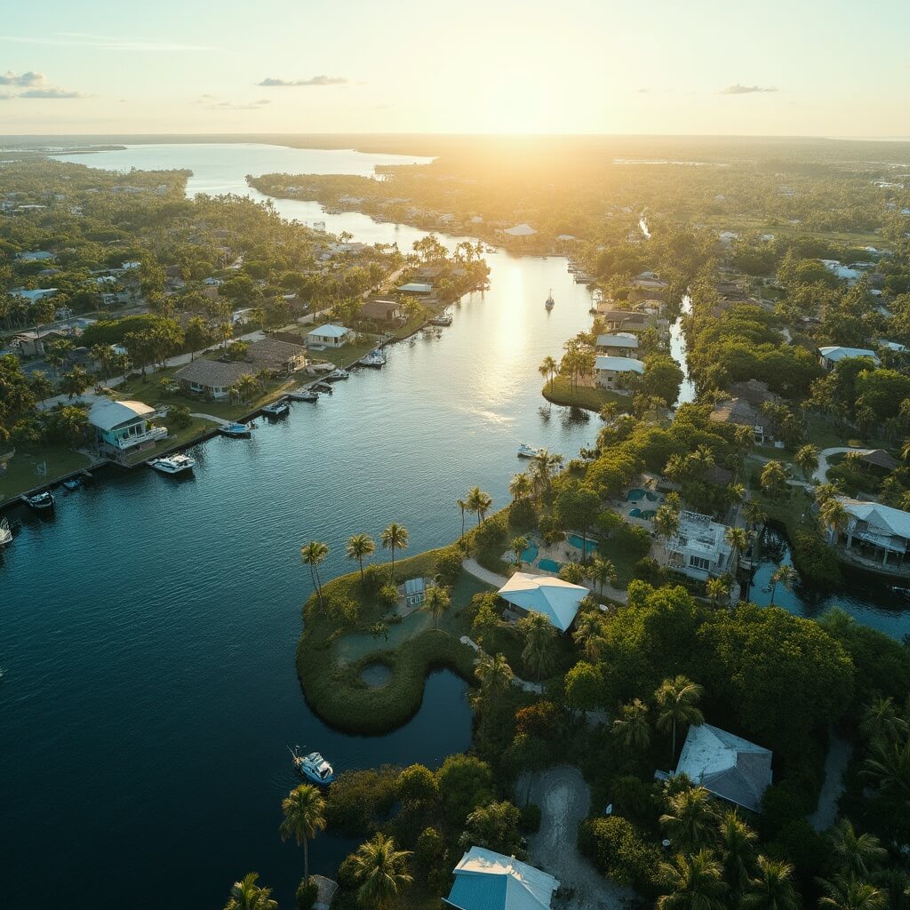 Cape Coral: Your Ultimate October Escape in Southwest Florida Aerial view of Cape Coral's extensive canal network, waterfront properties, and lush tropical vegetation under the golden afternoon sunlight, Florida
