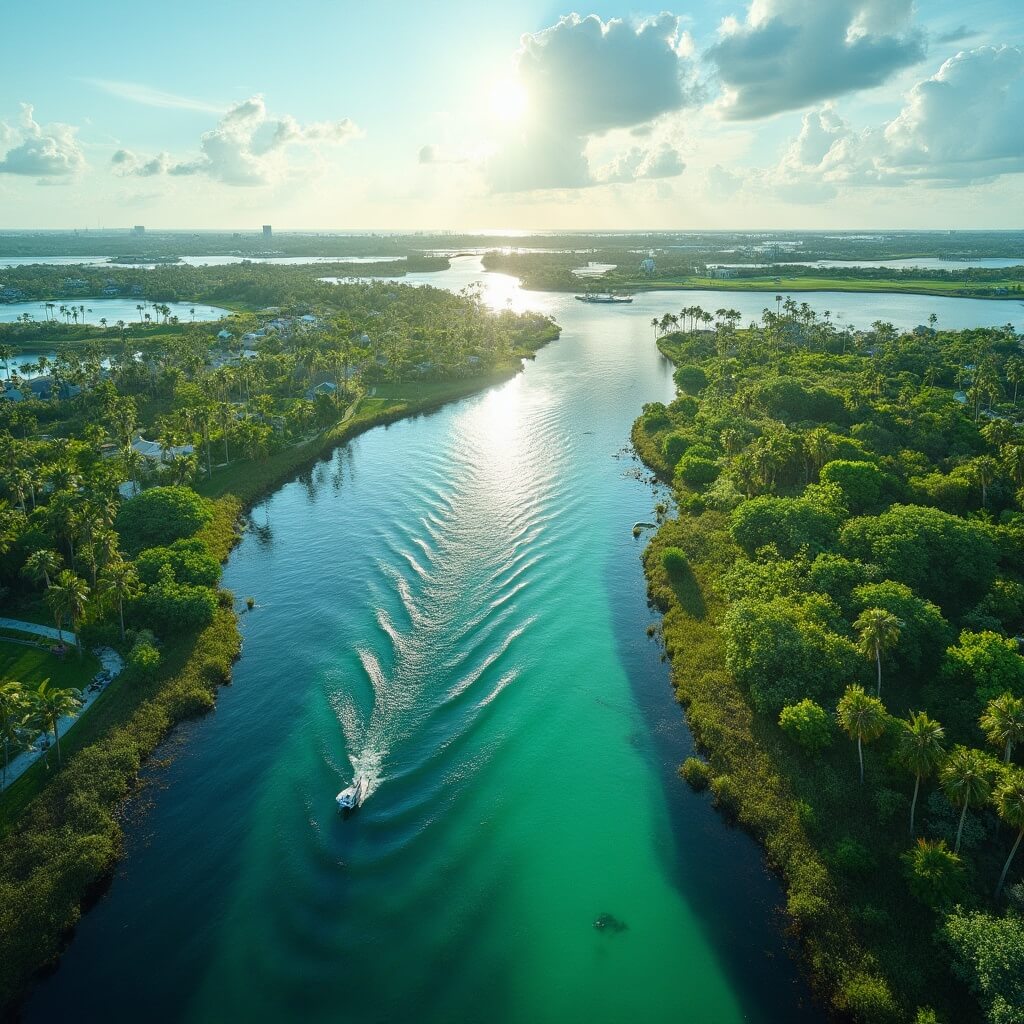 Aerial view of Cape Coral, Florida with mangrove waterways, multiple canals, clear waters, boats, tropical vegetation and palm-lined waterfront
