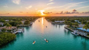 Why Cape Coral in May Will Blow Your Mind: The Ultimate Sunshine Escape "Aerial view of Cape Coral canal system at sunset with boats, kayakers, and a paddleboarder, with palm trees, a white ibis, waterfront restaurants, and the Four Mile Cove Ecological Preserve in sight."