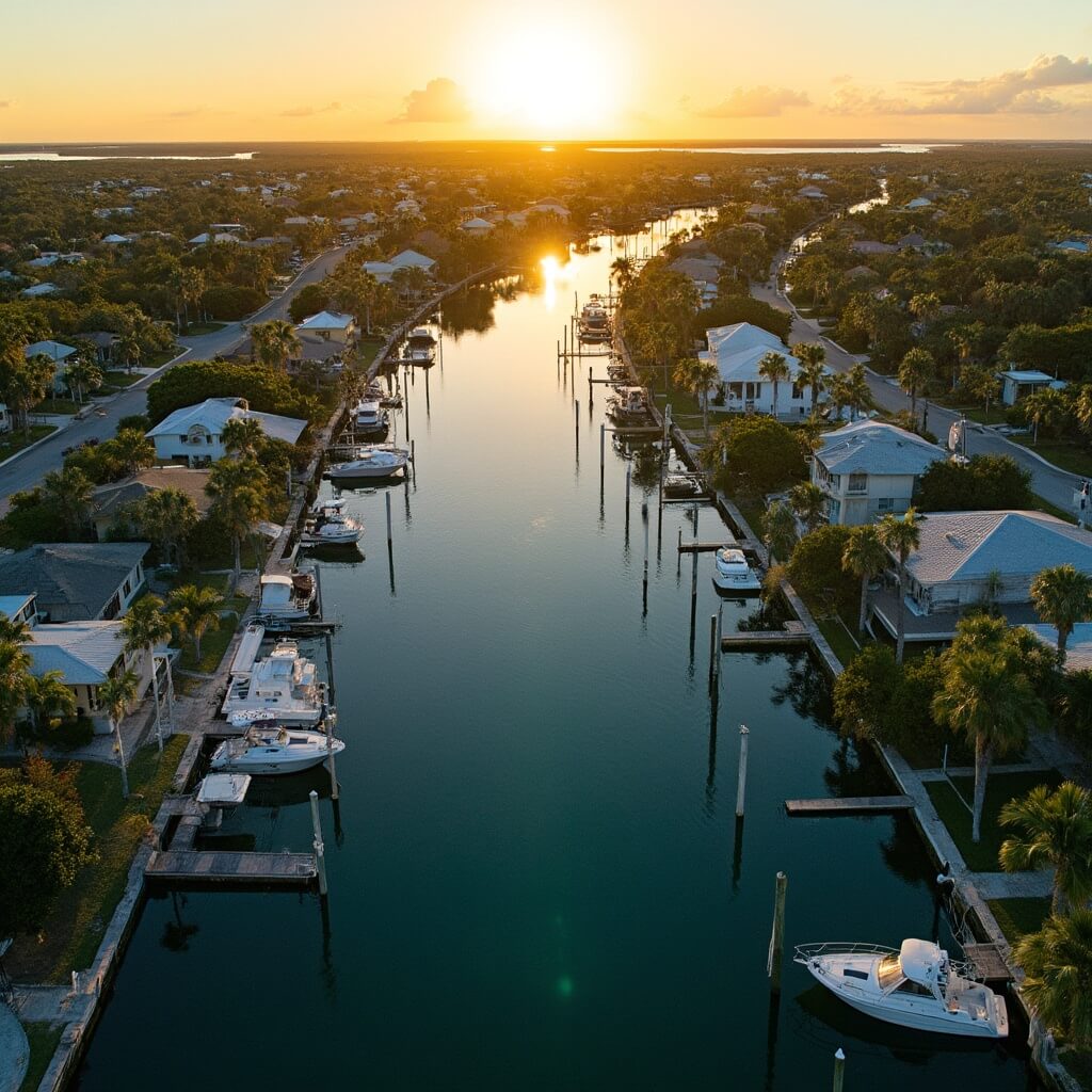 Aerial view of Cape Coral's canal system at sunset, featuring modern houses, docking boats, palm trees, tropical landscape, clear blue water, and lush greenery in December