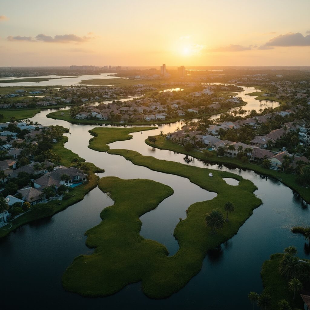 Why Cape Coral in January is Your Ultimate Winter Escape (Without the Winter Chills!) Aerial view of Cape Coral's canal system with palm trees and cityscape under warm Florida winter sunlight