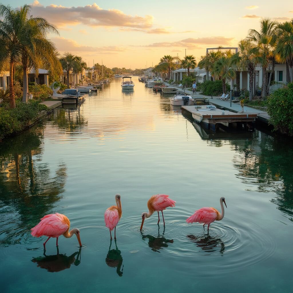 March in Cape Coral: Your Ultimate Sunshine Escape (Without the Summer Crowds) Roseate spoonbills feeding in the clear water of Cape Coral's canal system at sunset, with waterfront homes, palm trees, and a distant boat in the backdrop