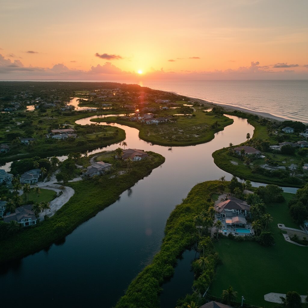 Cape Coral in July: Your Ultimate Sweat-Soaked Summer Adventure Guide Aerial view of Cape Coral at sunset, showing a complex canal system, lush greenery, modern coastal homes, coastline of Gulf of Mexico, and pristine water reflections