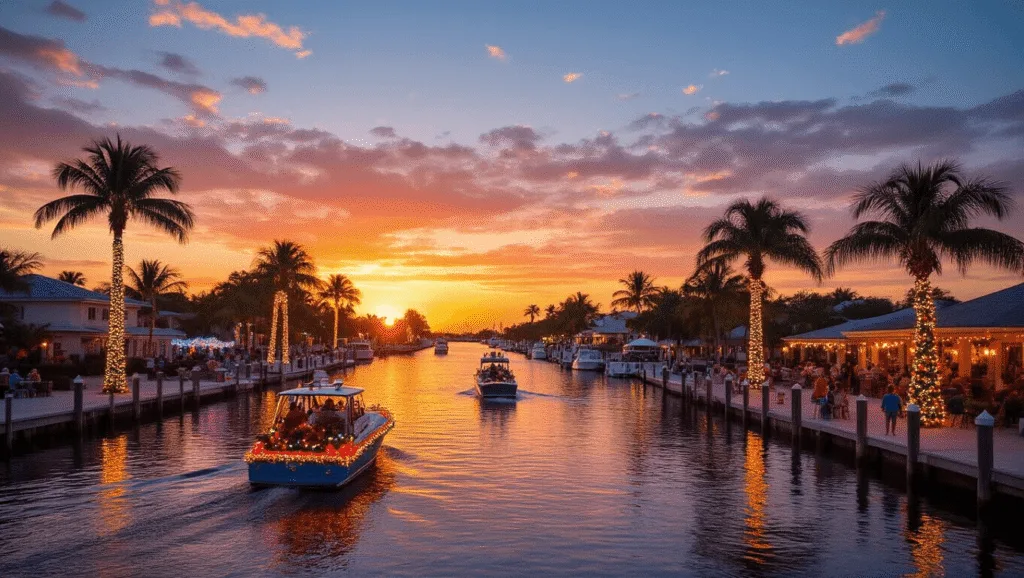 Cape Coral in December: Your Ultimate Winter Escape Guide "Cape Coral's waterfront at sunset featuring Christmas-lit palm trees, a holiday boat parade, and beachgoers strolling along the marina with illuminated dolphin sculptures and seaside Christmas trees."