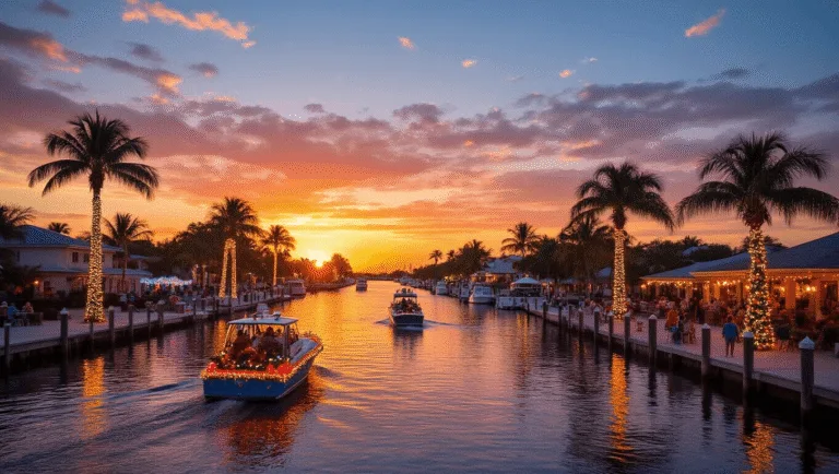 Cape Coral in December: Your Ultimate Winter Escape Guide "Cape Coral's waterfront at sunset featuring Christmas-lit palm trees, a holiday boat parade, and beachgoers strolling along the marina with illuminated dolphin sculptures and seaside Christmas trees."