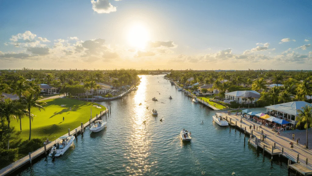 Beat the Winter Blues: Your Ultimate Cape Coral February Escape Guide "Aerial view of Cape Coral in February with intersecting canals, waterfront homes, outdoor activities, and a stunning sunset."