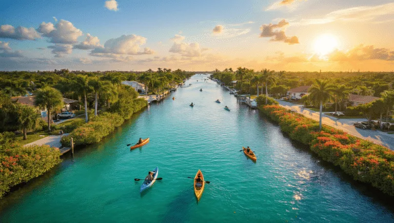 Sun, Sand, and Surprises: Why Cape Coral in April is Your Ultimate Escape "Aerial view of Cape Coral during golden hour, highlighting the canal system, kayakers in Four Mile Cove Ecological Preserve, butterfly garden at Rotary Park, palm-lined streets, dotted boats, and beachgoers under the warm Florida sun and twilight sky."