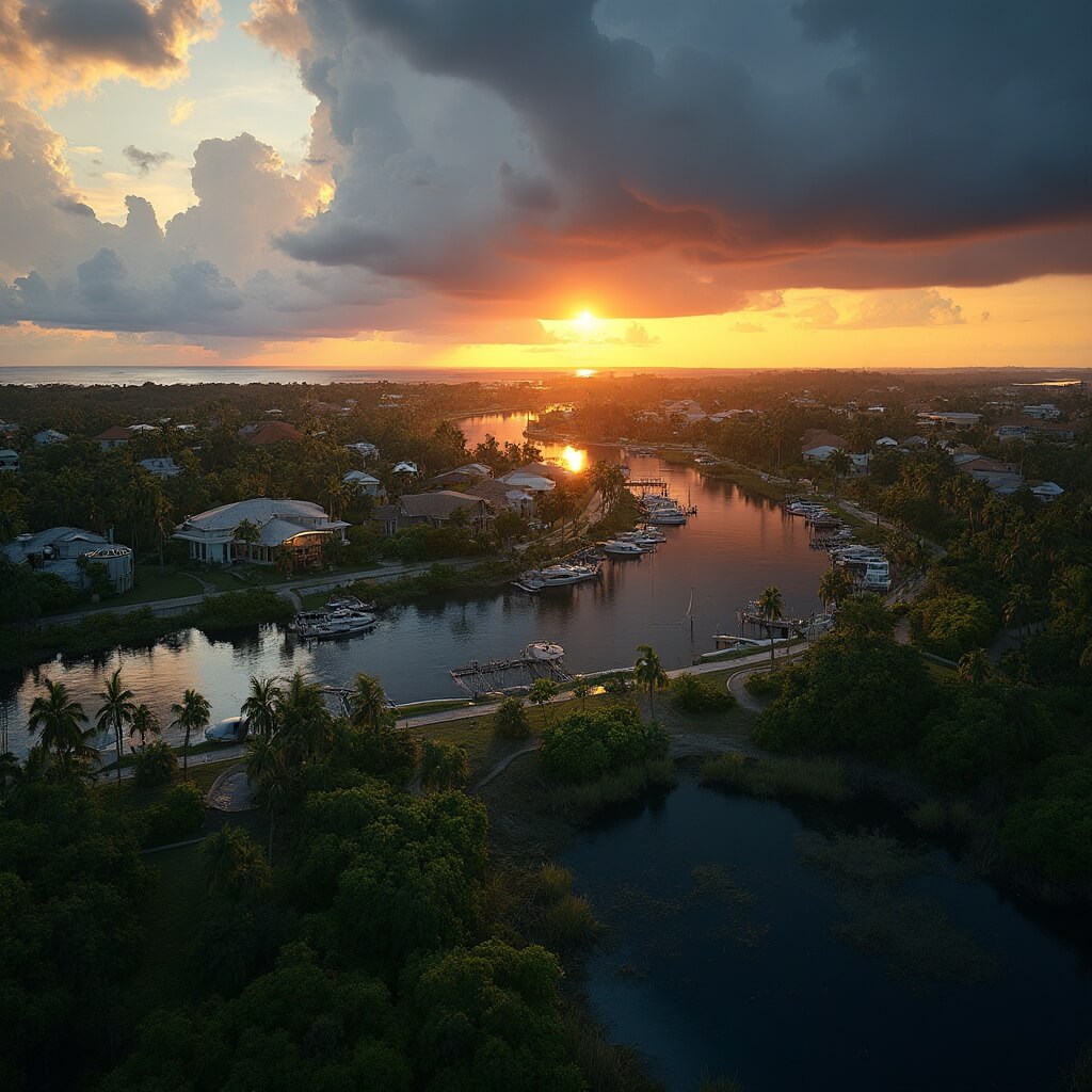 Sweating or Swimming? The Unfiltered Truth About Cape Coral in September Aerial view of Cape Coral's waterfront at golden hour with palm-lined canals, luxury homes, boat docks, mangroves, wetlands, and distant storm clouds