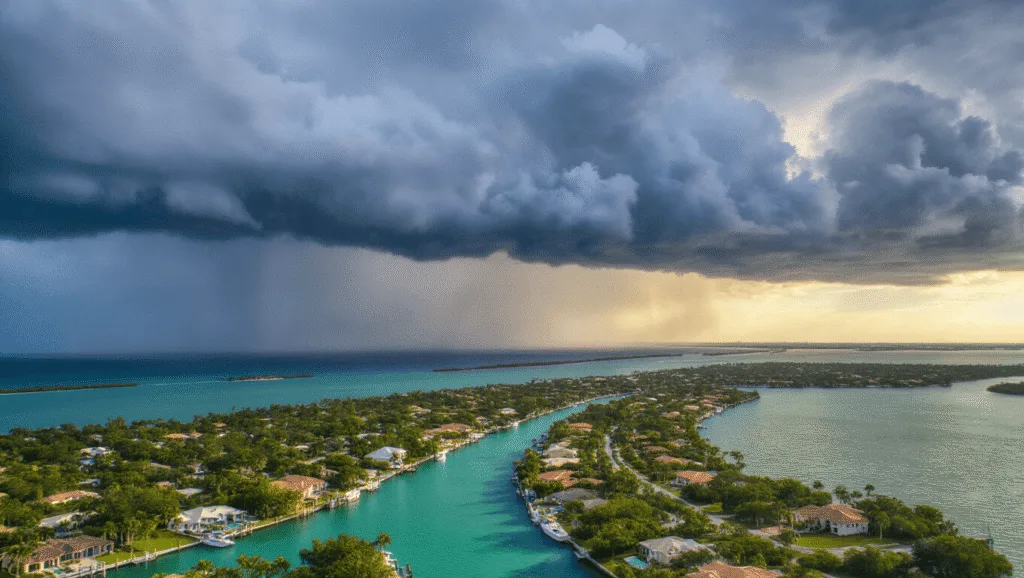 "Aerial view of Cape Coral waterfront with storm clouds, sun piercing through clouds onto turquoise waters, mangroves, luxury homes, boats, and approaching rain over the Gulf of Mexico, illustrating Florida's moody, tropical September weather."