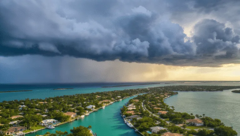 Sweating or Swimming? The Unfiltered Truth About Cape Coral in September "Aerial view of Cape Coral waterfront with storm clouds, sun piercing through clouds onto turquoise waters, mangroves, luxury homes, boats, and approaching rain over the Gulf of Mexico, illustrating Florida's moody, tropical September weather."