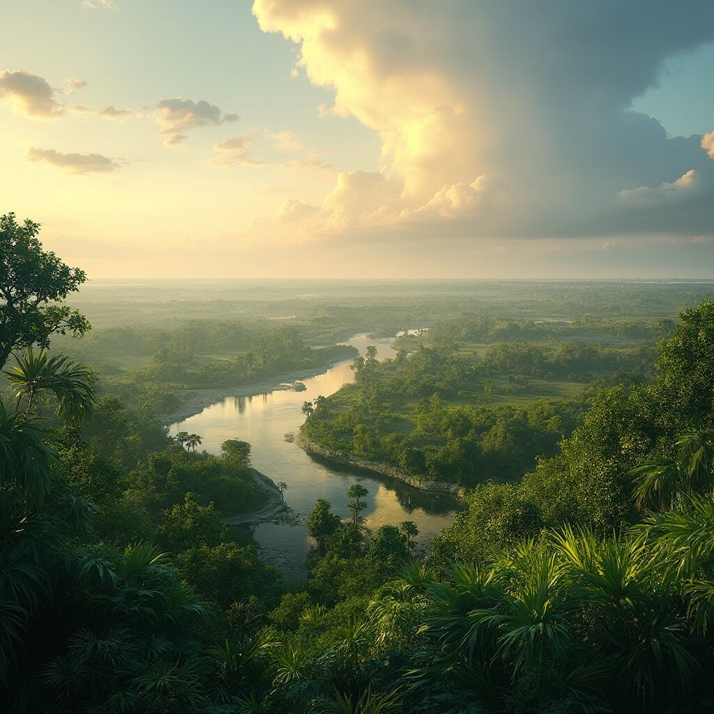 Hyper-realistic image of Cape Coral's lush greenery and canal network under golden sunlight with thunderclouds on the horizon, captured in photorealistic detail