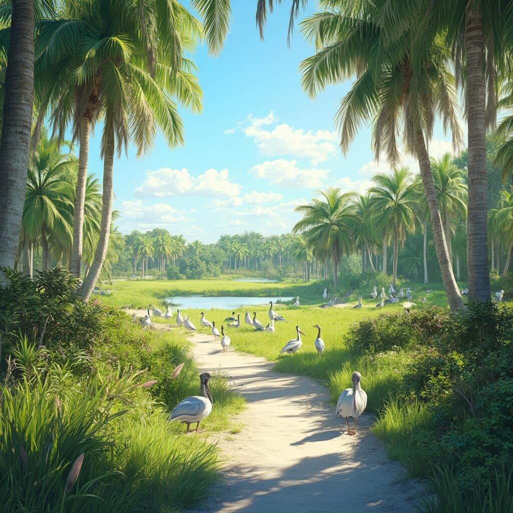 Beat the Winter Blues: Your Ultimate Cape Coral February Escape Guide Cape Coral nature park in February with lush greenery, blue skies, pelicans, tropical birds, walking paths, dappled sunlight through trees, and comfortable temperatures