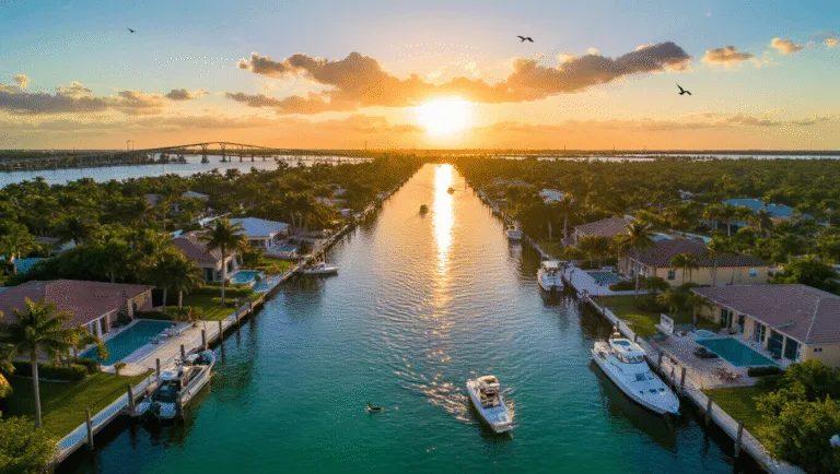 Cape Coral: Your Ultimate October Escape in Southwest Florida "Aerial view of Cape Coral's canal system during sunset featuring waterfront homes, docked boats, flying pelicans, palm trees, the Cape Coral Bridge, and Gulf of Mexico in the background."