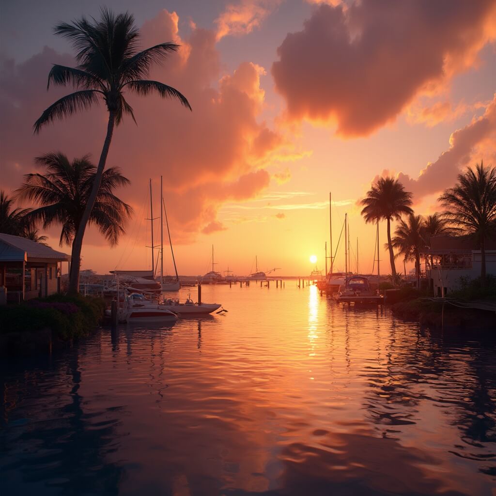 Sundown at Cape Coral waterfront with silhouetted palm trees, vibrant orange-pink sky, calm water reflecting golden light, docked boats and detailed tropical coastline