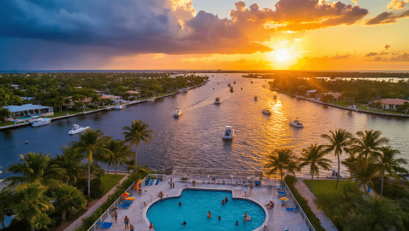 "Aerial view of Cape Coral's intricate canal system at sunset with boats, palm trees, beachgoers at Yacht Club Community Pool, and storm clouds in the distance"