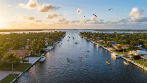 "Aerial view of Cape Coral waterfront, showcasing canal system with boats, palm-lined streets, dolphins in the water, beaches meeting the Gulf Coast under a partly cloudy sky, and pelicans in flight, during golden hour in November"