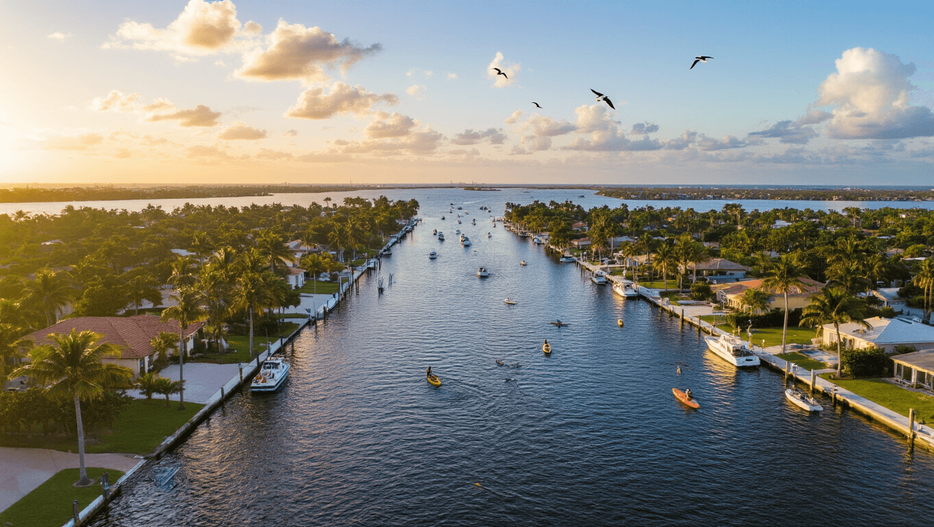 "Aerial view of Cape Coral waterfront, showcasing canal system with boats, palm-lined streets, dolphins in the water, beaches meeting the Gulf Coast under a partly cloudy sky, and pelicans in flight, during golden hour in November"