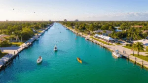 Why Cape Coral in January is Your Ultimate Winter Escape (Without the Winter Chills!) "Aerial view of Cape Coral's canal system with small boats, cyclists, pedestrians, and Art Festival tents under the golden Florida sun, emphasizing the contrast between tropical paradise and northern winter."