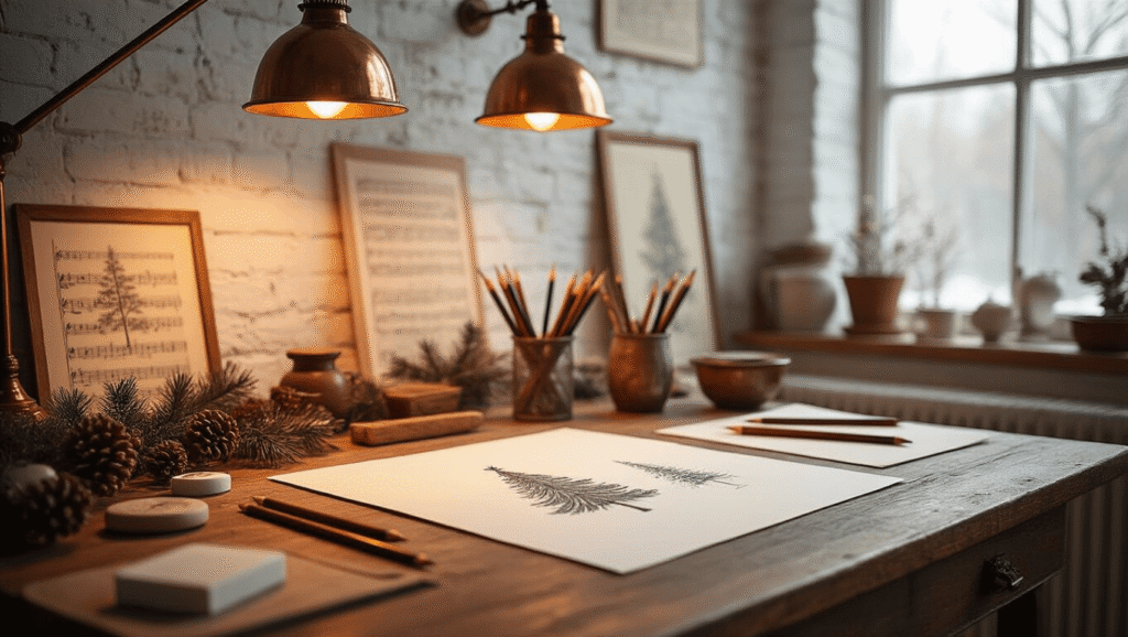 Cinematic close-up of a cozy art studio workspace with a vintage wooden drafting table, warm winter light, organized sketching supplies, and decorated walls, creating an inviting vintage-inspired atmosphere.
