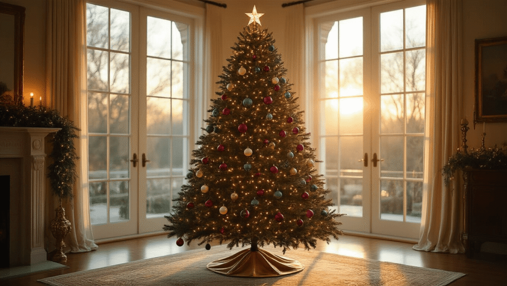 The Ultimate Guide to Christmas Trees: Transforming Your Home with Festive Cheer A luxurious living room during golden hour featuring a 9-foot Fraser fir Christmas tree adorned with vintage glass ornaments and warm white lights, casting a warm glow and rich shadows, with a forest green velvet sofa and ornate decor.