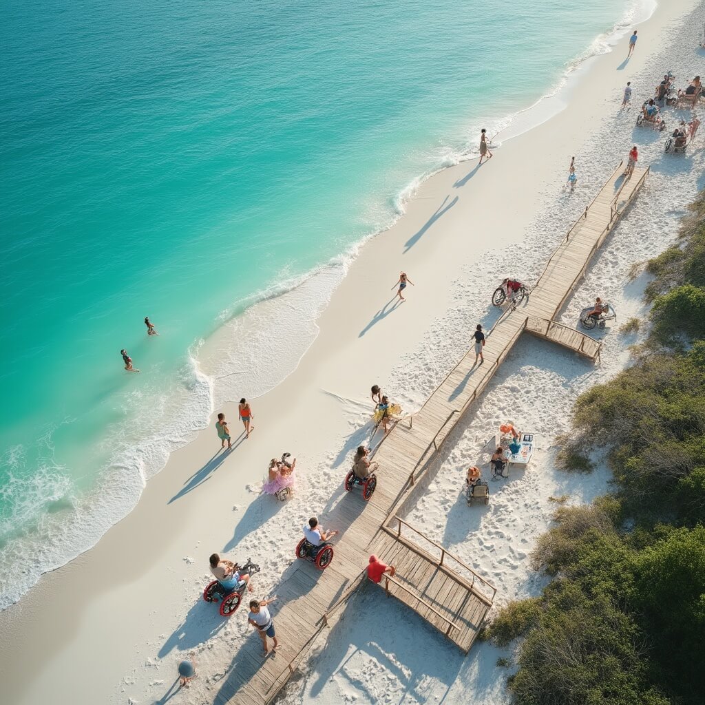 Unraveling Clearwater Beach's April Magic: Your Ultimate Insider's Guide Overhead drone view of Clearwater Beach featuring beach wheelchairs, families with children of diverse abilities enjoying the shoreline, smooth boardwalk, blue ocean waters, and lush coastal landscape in soft afternoon sunlight