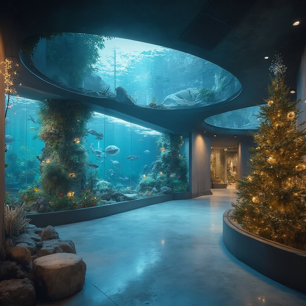 Why Clearwater Beach in December is Your Secret Winter Paradise Interior of Clearwater Marine Aquarium with holiday decorations, marine conservation tanks, warm lighting, and marine life visible through glass, embodying a sustainable marine rescue theme