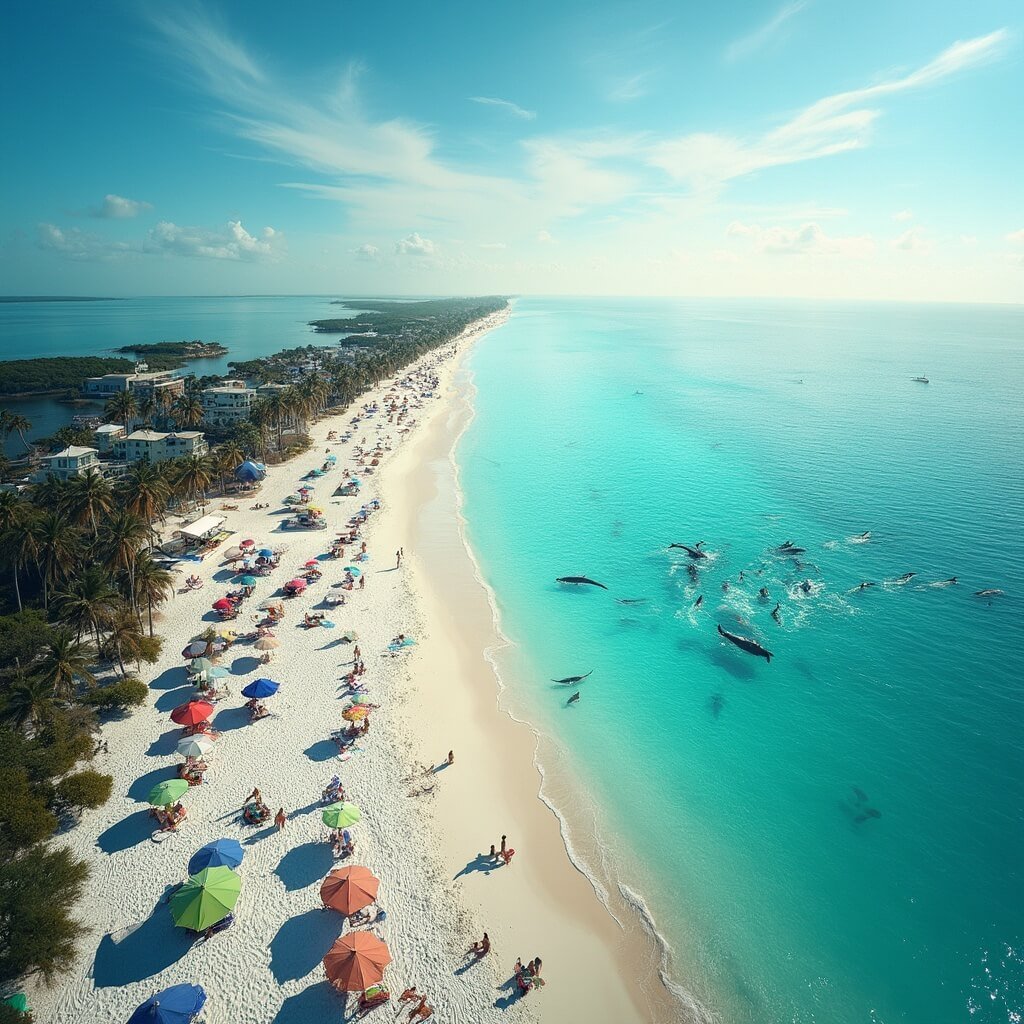 Why Clearwater Beach in March is Your Ultimate Escape (Trust Me, You'll Want to Read This) Aerial view of Clearwater Beach with white sand, turquoise waters, colorful umbrellas, sunbathers, palm trees, leaping dolphins in the distance, under a bright blue sky and warm sun.