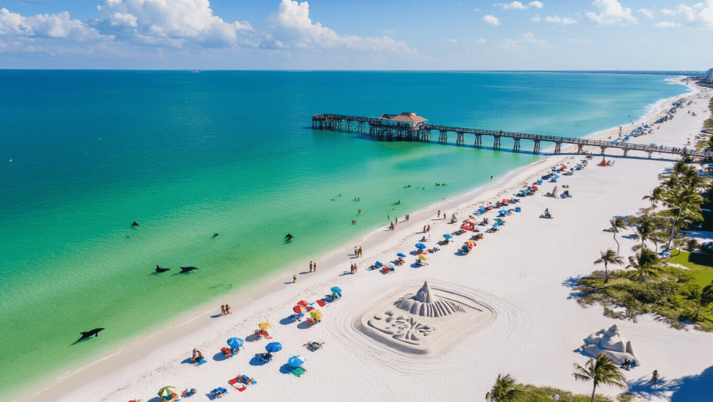 Unraveling Clearwater Beach's April Magic: Your Ultimate Insider's Guide "Aerial view of Clearwater Beach in April, featuring white sandy coastline, turquoise waters, beachgoers, dolphins, Pier 60, sand sculptures, palm trees, beachfront hotels, kayakers, and paddleboarders under clear blue sky."
