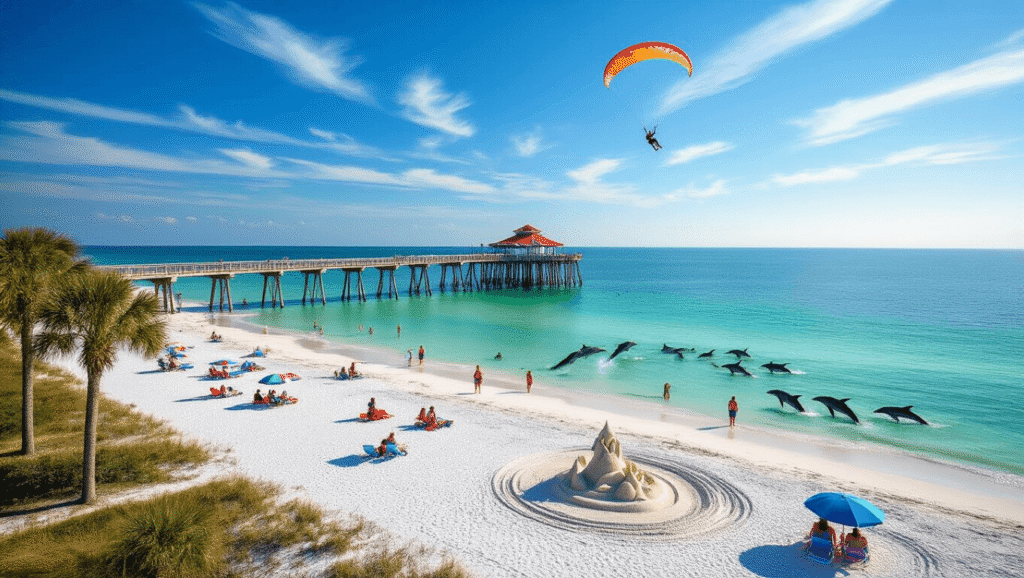 Why Clearwater Beach in March is Your Ultimate Escape (Trust Me, You'll Want to Read This) "Panoramic view of Clearwater Beach in Florida with Pier 60, turquoise waters, white sand, palm trees, beachgoers, playful dolphins, parasailer, beach umbrellas and sand sculptures in springtime daylight."