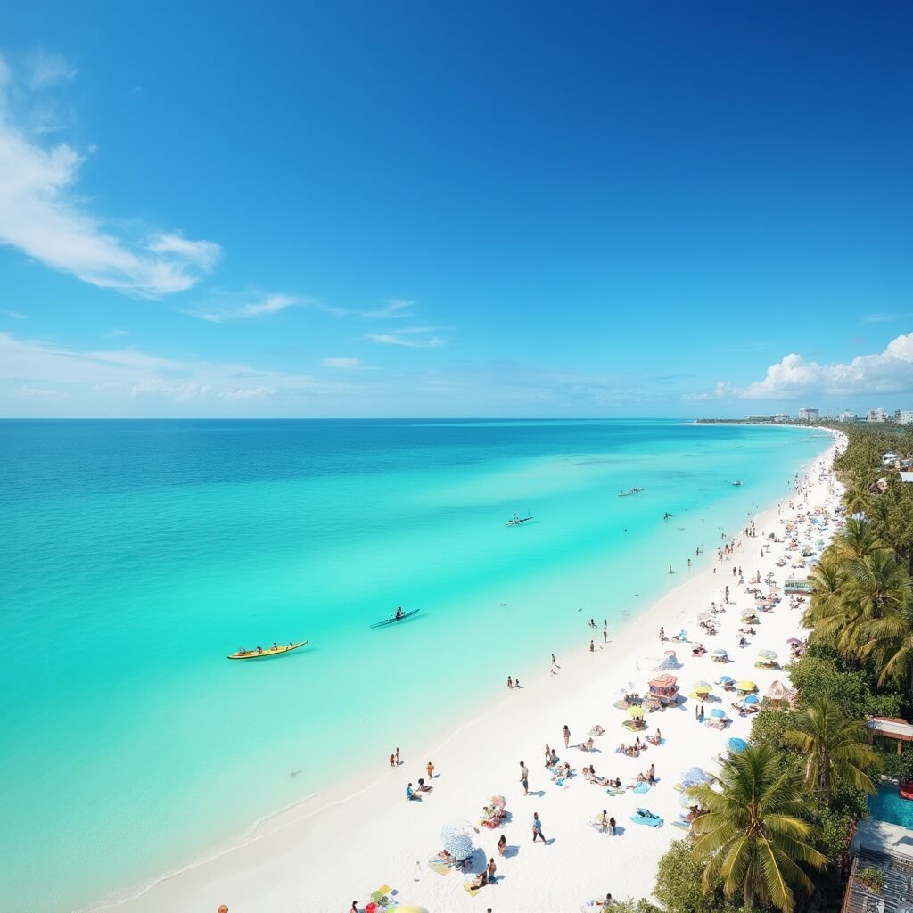 Panoramic view of Clearwater Beach with turquoise waters, white sand, colorful umbrellas, beach-goers paddleboarding and kayaking, and palm trees lining the beach under a vibrant blue sky.