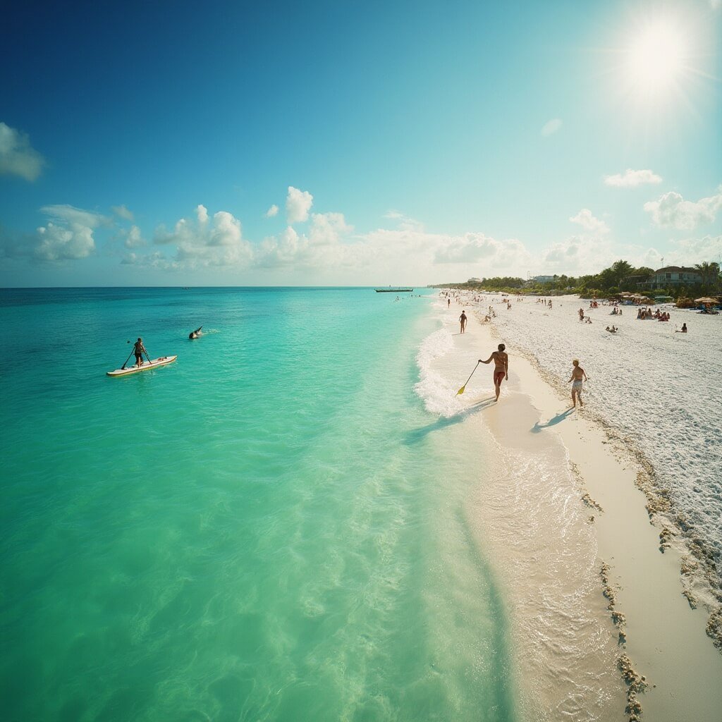 🌞 Your Ultimate Clearwater Beach May Adventure: White Sands, Emerald Waters, and Zero Crowds! A couple paddleboarding on the quiet Clearwater Beach with white sand and emerald waters under a cloudless sky, with dolphins in the distance
