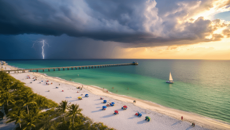 Sizzling Secrets: Why August is Your Unexpected Paradise at Clearwater Beach "Aerial view of Clearwater Beach at sunset with storm clouds over the ocean, colorful umbrellas, sailboat, palm trees, and Pier 60."