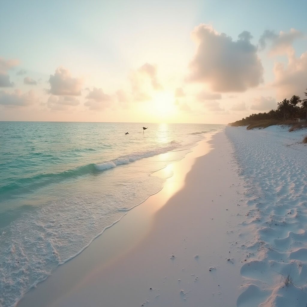 Clearwater Beach in January: Your Ultimate Winter Sun Escape (Without the Crowds!) Panoramic sunrise at Clearwater Beach with golden sunlight on white sand, calm turquoise waters with dolphin pod silhouettes and pastel sky with cloud formations, showcasing winter morning atmosphere