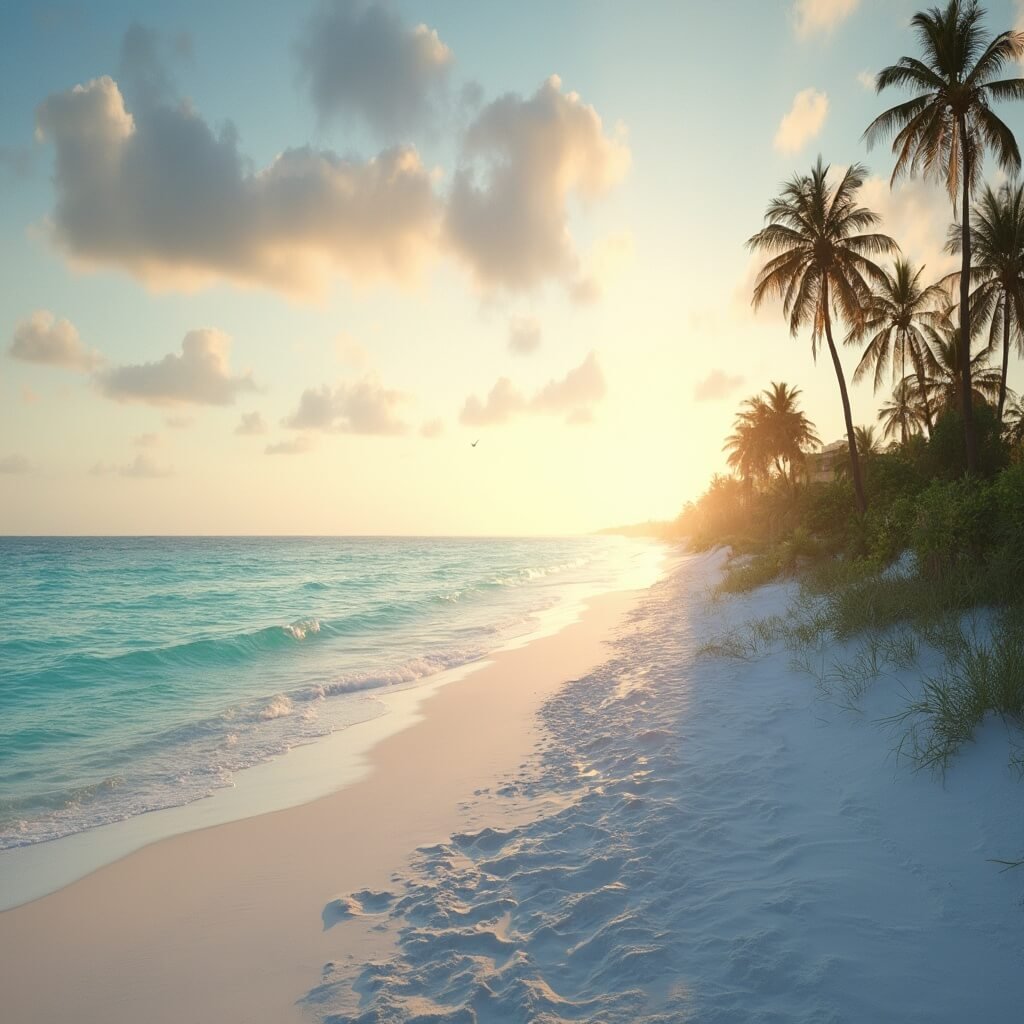 Scorching Secrets: Why Clearwater Beach in July Will Blow Your Mind (And Cool You Down) Photorealistic sunrise over Clearwater Beach with golden light, white sand, clear turquoise water, silhouetted palm trees and soft pastel sky