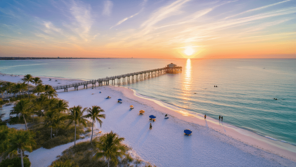 "Aerial view of Clearwater Beach at sunset in November, with palm trees, scattered beachgoers, Pier 60, dolphins, kayakers and a 75°F signboard, lit by the golden hour."