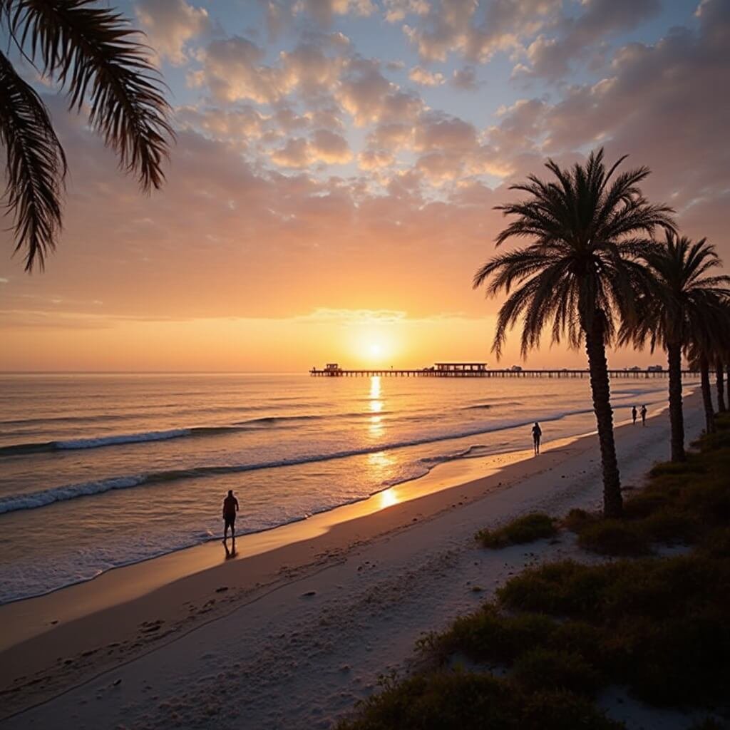 Serene sunset at Clearwater Beach in January with a few beachgoers, gentle waves, swaying palm trees, and silhouette of Pier 60 against a colorful sky