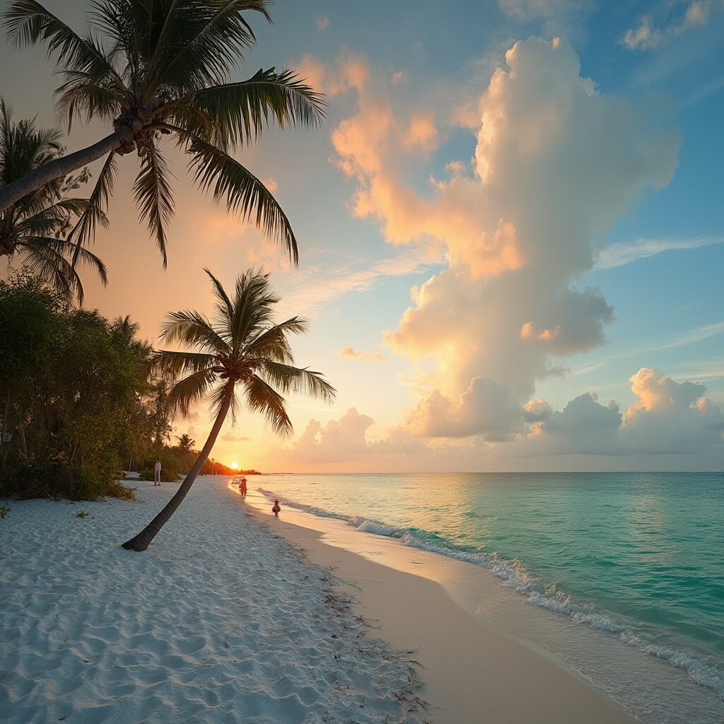 Sizzling Secrets: Why August is Your Unexpected Paradise at Clearwater Beach Sunset on Clearwater Beach with golden light shining on white sand and turquoise waters, palm trees in the foreground, beachgoers relaxing, and a vibrant rainbow in the distance over calm Gulf waters