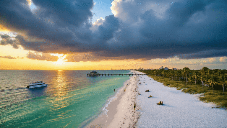 Clearwater Beach September: Your Ultimate Off-Peak Paradise Guide "Aerial view of Clearwater Beach at sunset with gentle turquoise waves, sparse beachgoers, Pier 60, palm trees, a dolphin-watching boat, and impending storm clouds"