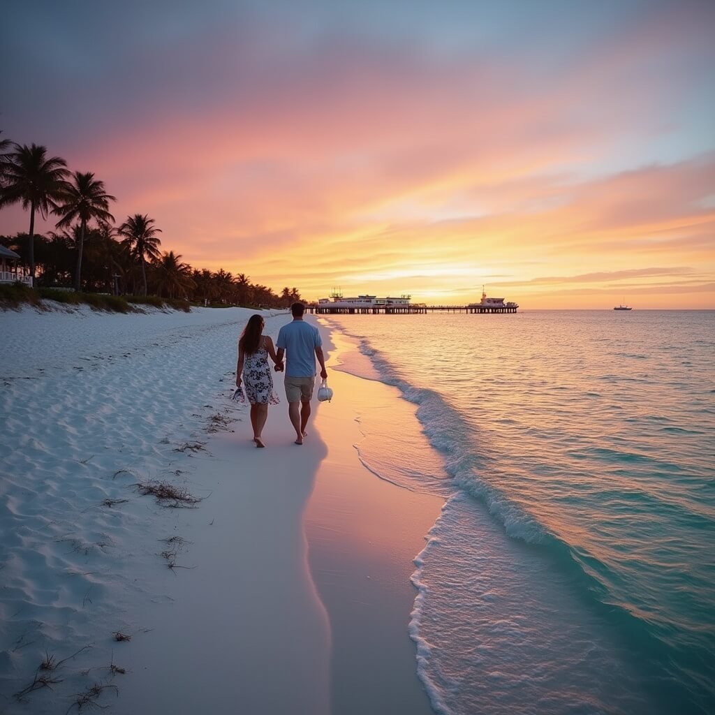 Couple walking hand-in-hand on nearly empty Clearwater Beach at sunset with vibrant sky, turquoise waters, white sands, swaying palm trees and distant illuminated Pier 60