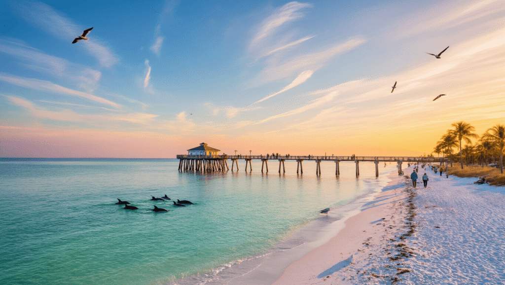 "Golden-hour winter photo of Clearwater Beach with Pier 60 extending into calm waters, sparse crowds, dolphins in the distance, palm trees, beachgoers in light jackets, and sunset colors reflected in the water."
