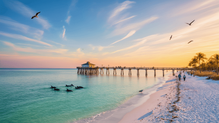 Clearwater Beach in January: Your Ultimate Winter Sun Escape (Without the Crowds!) "Golden-hour winter photo of Clearwater Beach with Pier 60 extending into calm waters, sparse crowds, dolphins in the distance, palm trees, beachgoers in light jackets, and sunset colors reflected in the water."