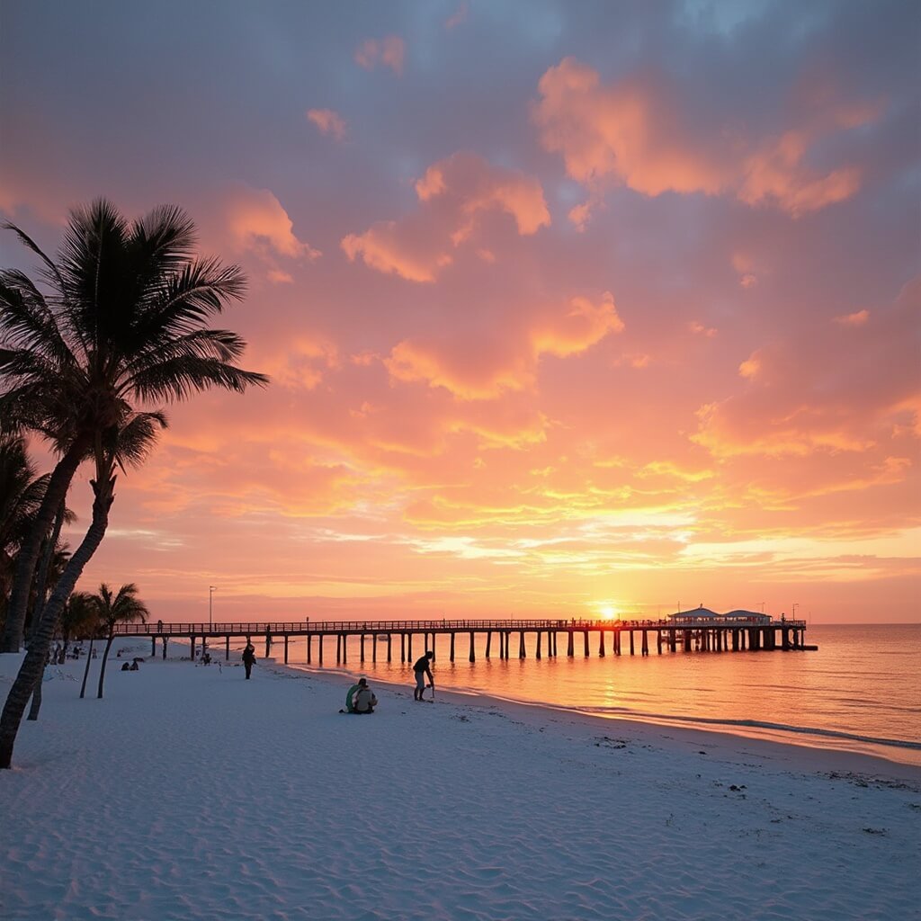 December sunset at Clearwater Beach with vibrant sky reflection, swaying palm trees, silhouetted beachgoers, and fishermen on the pier.