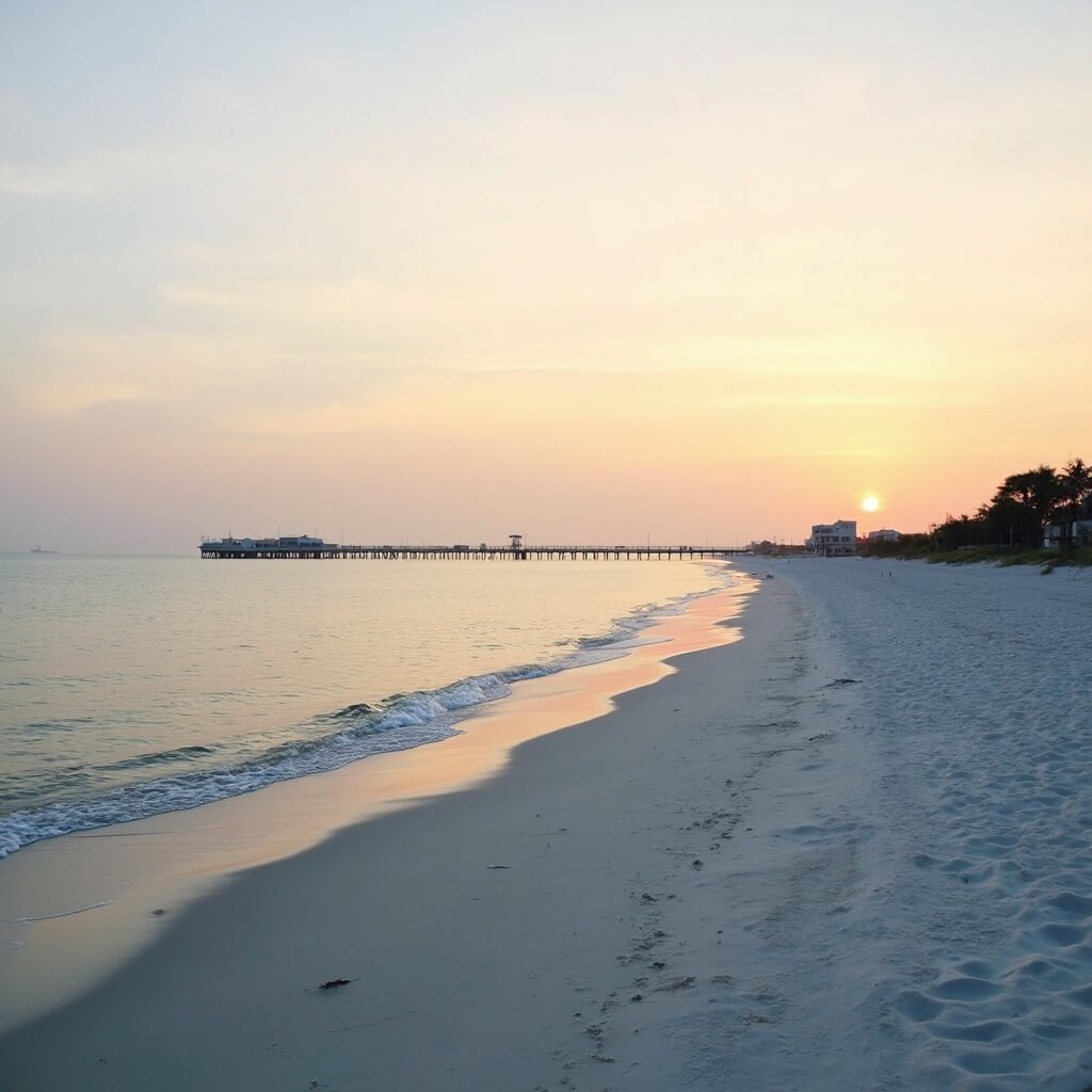 Escape the Winter Chill: Your Ultimate Clearwater Beach February Guide (Weather, Activities & Hidden Gems!) Panoramic view of Clearwater Beach at golden hour with warm hues, calm waters, empty sandy shoreline, distant pier silhouettes, and minimal beachfront architecture under a soft pastel sky