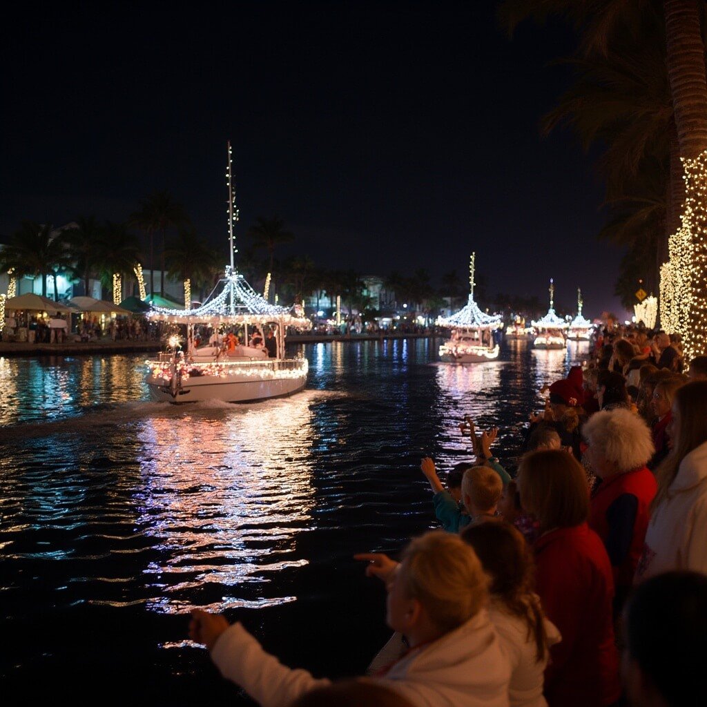 Why Clearwater Beach in December is Your Secret Winter Paradise Festive night scene at the Clearwater Beach Holiday Lighted Boat Parade, with boats decked in twinkling lights, cheering spectators and illuminated palm trees lining the coastline.