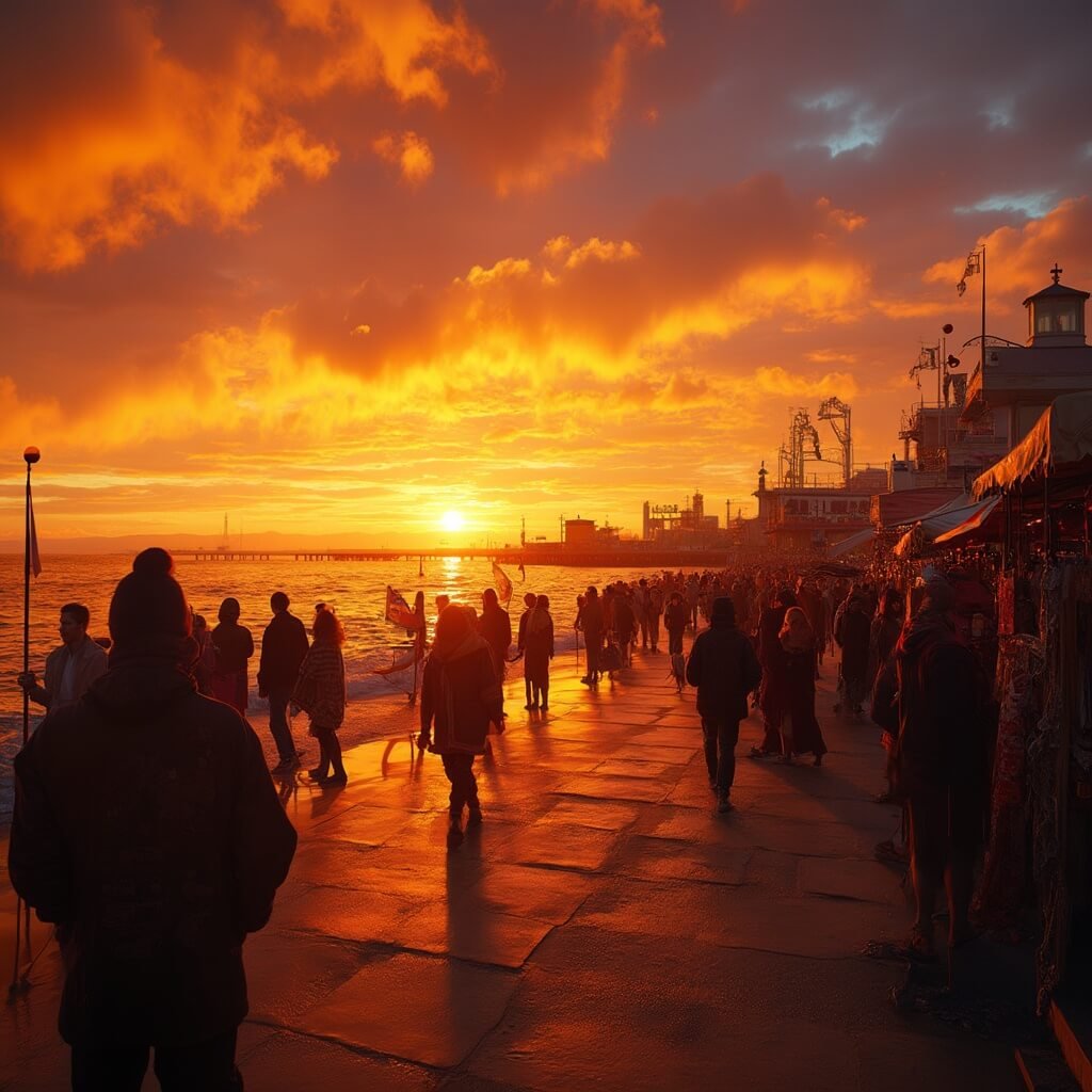 🌞 Your Ultimate Clearwater Beach May Adventure: White Sands, Emerald Waters, and Zero Crowds! Diverse crowd at Pier 60 during a dramatic sunset, featuring silhouetted street performers, local artisans with handcrafted items, and crystal clear waters reflecting warm light