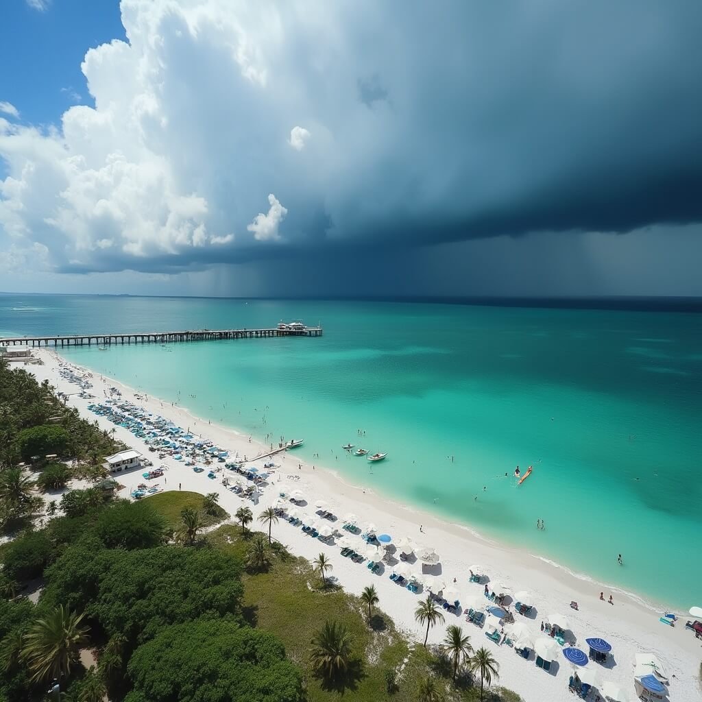Sizzling Secrets: Why August is Your Unexpected Paradise at Clearwater Beach Aerial view of Clearwater Beach in August, showing a sparsely populated beach, a paddleboarder in clear waters, Pier 60 extending into the Gulf, with storm clouds forming on the horizon