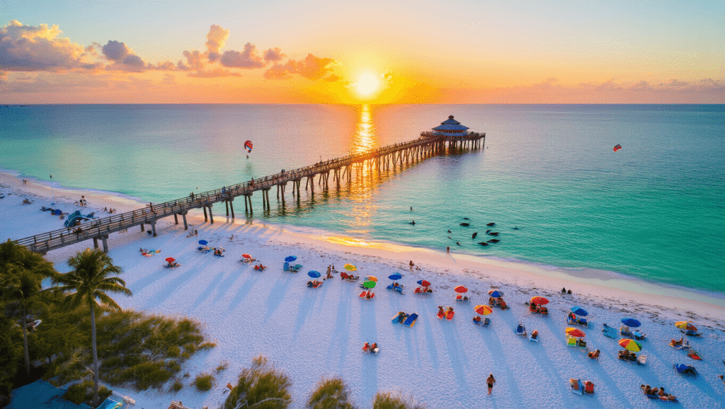 Scorching Secrets: Why Clearwater Beach in July Will Blow Your Mind (And Cool You Down) "Aerial view of Clearwater Beach at sunset with Pier 60, beachgoers, palm trees, distant boats, dolphins, and parasailers on Florida's Gulf Coast"